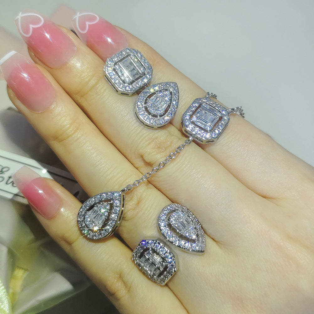 Amazon Fashion Cross-border New Square Long Zircon Earrings Ring Necklace Jewelry Three-piece Set j6138