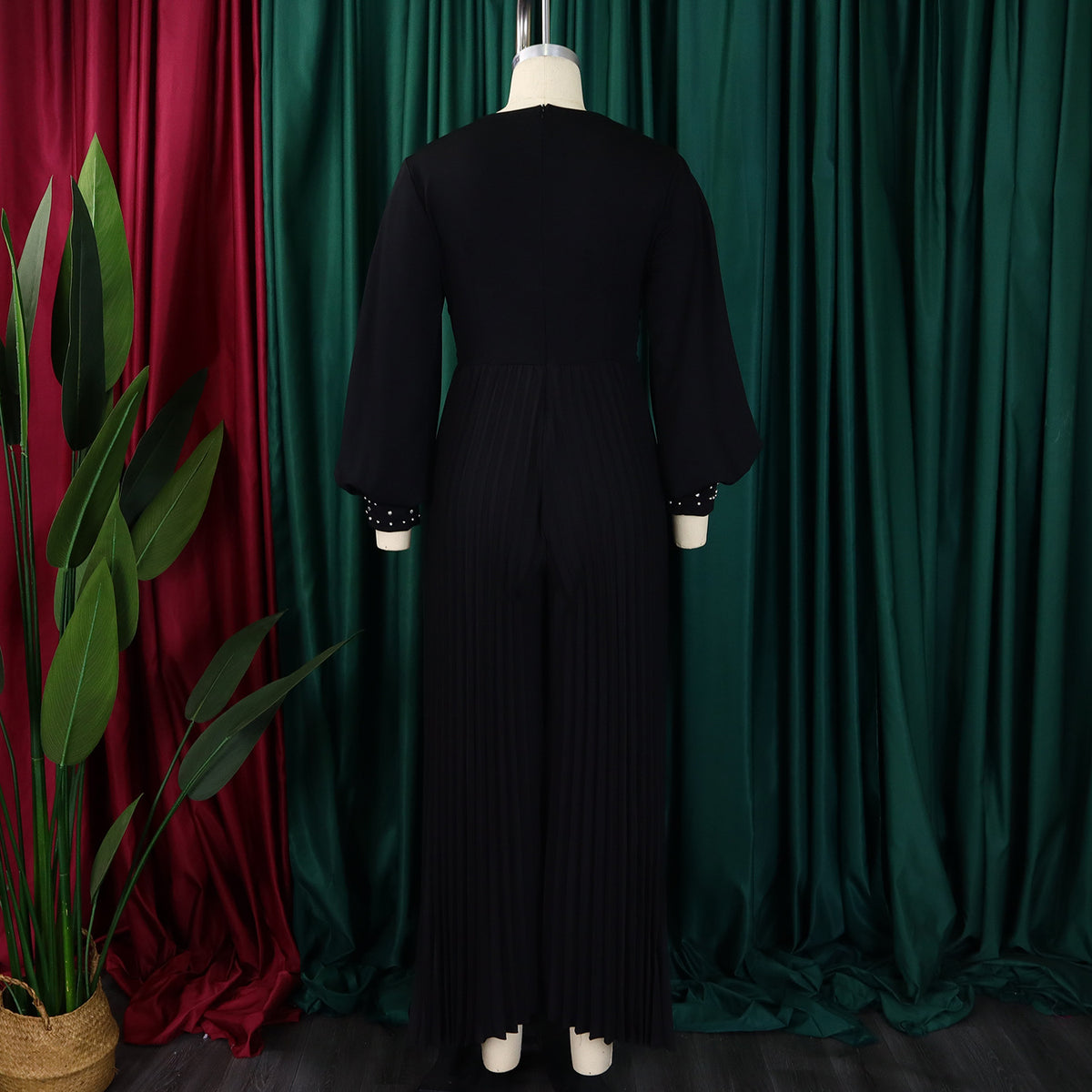 CM.YAYA Women Diamonds Long Sleeve Pleated V-neck Wide Leg Long Jumpsuits Party Beach Fashion Street Sexy Africa Outfit Rompers