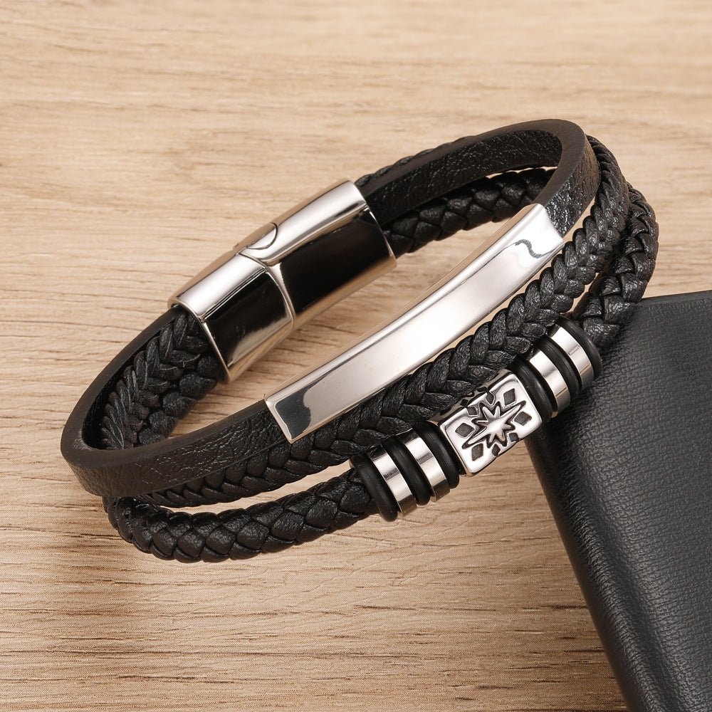 Cross-Border New Leather Rope Bracelet European and American Stainless Steel Multi-Layer Leather Braided Bracelet Jewelry Men's Jewelry