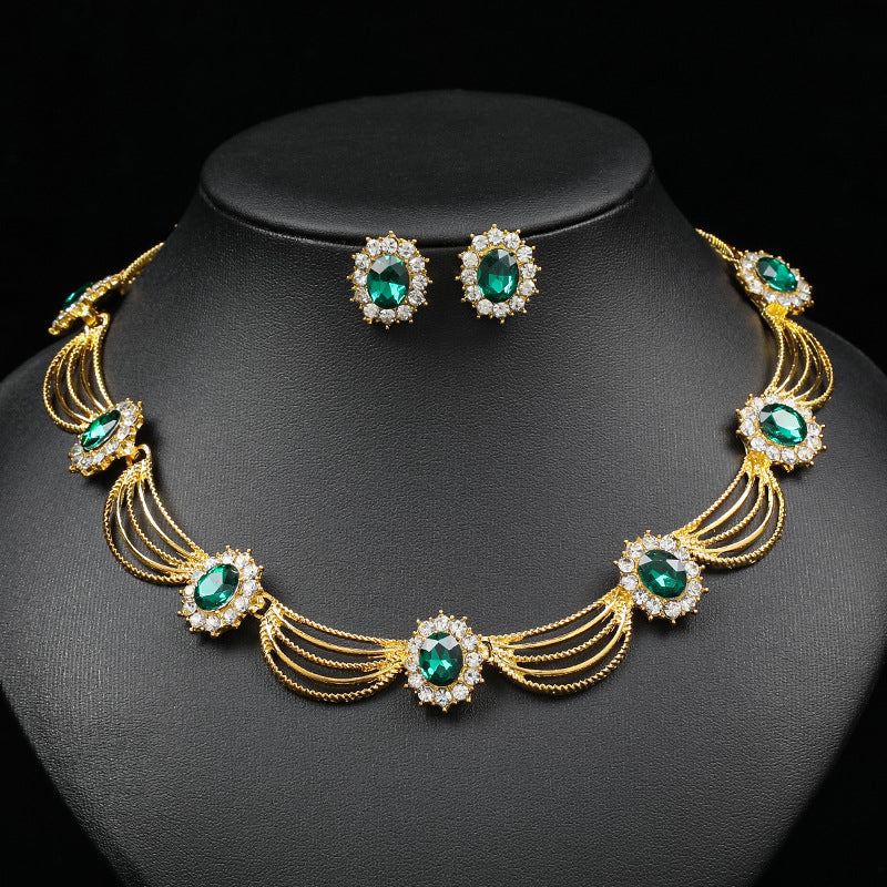 Jewelry Set, Gemstone Necklace, Literary Retro, Medieval Palace Fan-Shaped, Beautiful Popular Necklace, Earrings Set