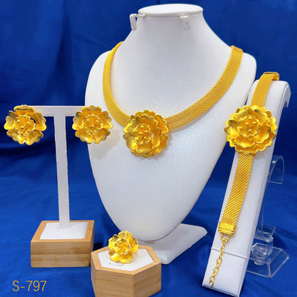 2025 Summer Dubai 24K Gold Bridal Jewelry Set Necklace Earrings Bracelet Ring Middle East Africa Jewelry