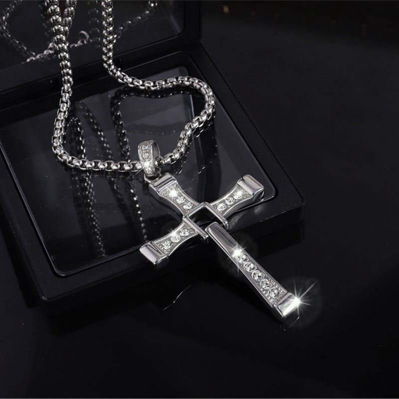 Cross-Border New Hot-Selling Fashion Personality Hip-Hop Stainless Steel Diamond Cross Pendant Necklace High-End Versatile Jewelry