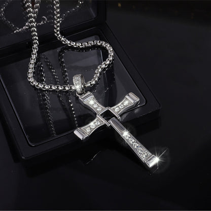 Cross-Border New Hot-Selling Fashion Personality Hip-Hop Stainless Steel Diamond Cross Pendant Necklace High-End Versatile Jewelry