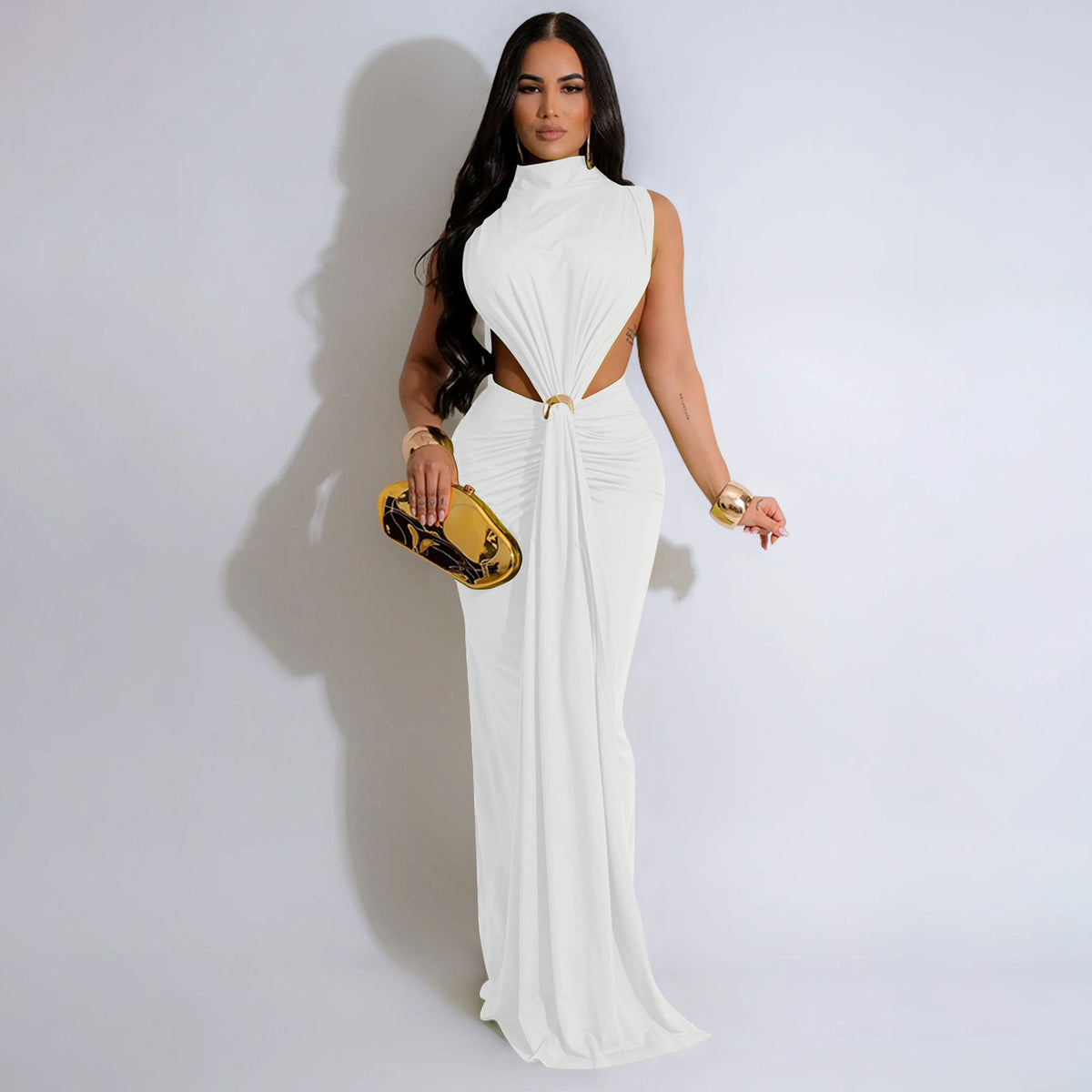 CM.YAYA Women O-neck High Split Ruched Stacked Bodycon Midi Maxi Dress 2024 Evening Party Club Vestidos Sexy Chic Long Dresses