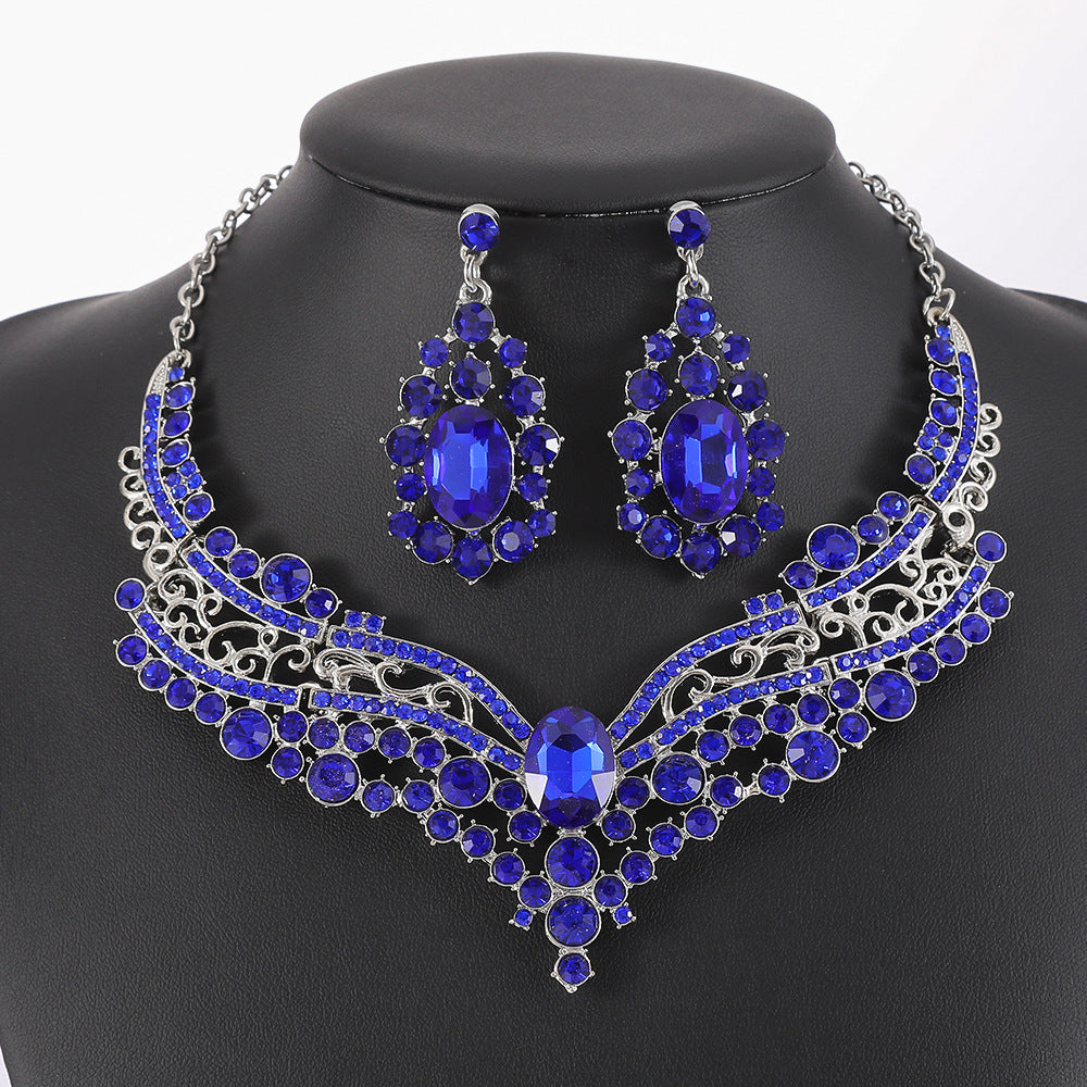 European and American Export Jewelry Bridal Jewelry Accessories Necklace Earrings Set Live Performance Crystal V-Shaped Clavicle Chain for Women