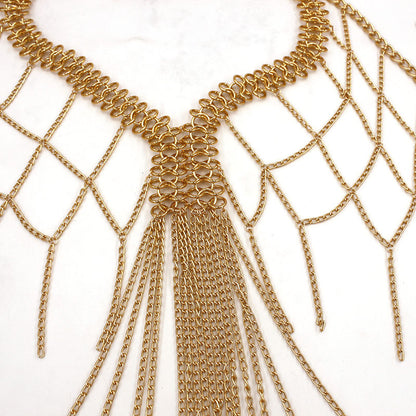 European and American Cross-Border Jewelry Women's Metal Mesh Cut Out Tassel Multi-Layer Chest Chain Nightclub Performance Fashion Clothing Accessories