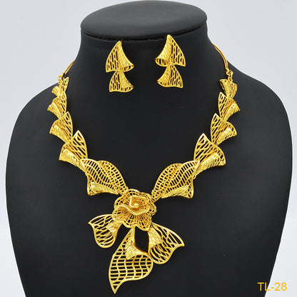Imitation gold flower necklace earrings suit Dubai India Nigeria brass gold plated women wedding jewelry lot
