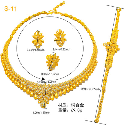 24K Gold Dubai Explosions Bride Four-piece Flower Rhinestone Jewelry Alloy Necklace Bracelet Earrings Ring