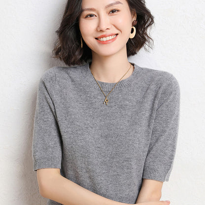 2025 Spring and Summer New Style Knitted Short-Sleeved Women's Round Neck Bottoming Knitted Pullover Half-Sleeved Sweater Loose Bottoming Sweater