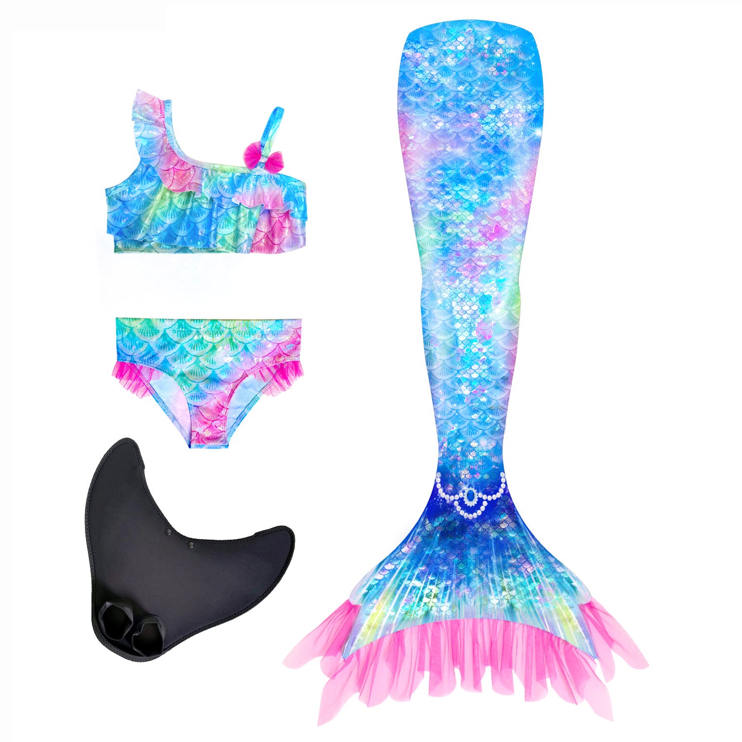 Girls' Mermaid Swimsuit Three-Piece Set Mermaid Tail Cross-Border Popular Bikini Swimsuit Beach Swimwear Shiny