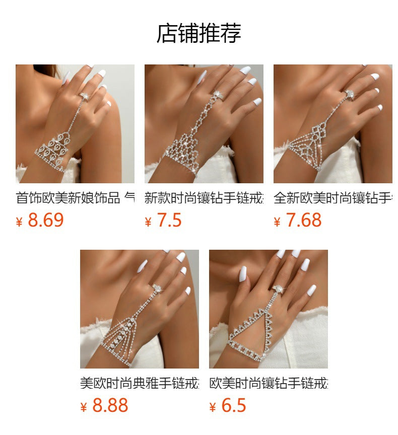 Factory Direct Supply European and American Fashion Full Diamond Bracelet for Women, Bracelet and Ring Integrated Chain, Beach Anklet, Hand Jewelry, Foot Jewelry
