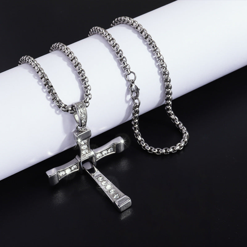 Cross-Border New Hot-Selling Fashion Personality Hip-Hop Stainless Steel Diamond Cross Pendant Necklace High-End Versatile Jewelry