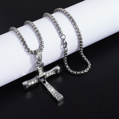 Cross-Border New Hot-Selling Fashion Personality Hip-Hop Stainless Steel Diamond Cross Pendant Necklace High-End Versatile Jewelry