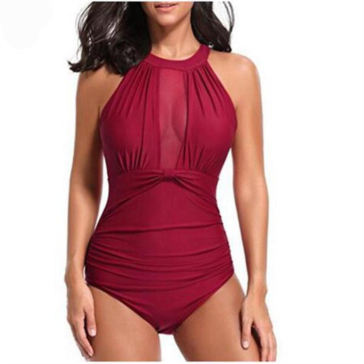 Cross-border New European and American Women's Swimsuit Chest Mesh Stitching Pleated Craft Swimwear Bikini Wholesale