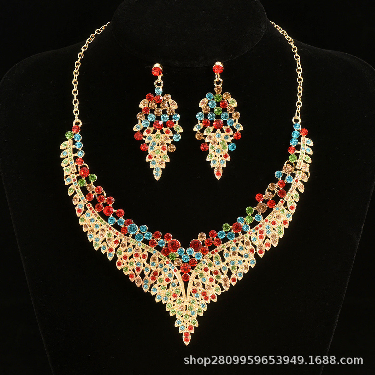 2024 New Exquisite Rhinestone Necklace Earrings Set Party Dress Wedding Accessories Alloy Cross-border Jewelry Supply