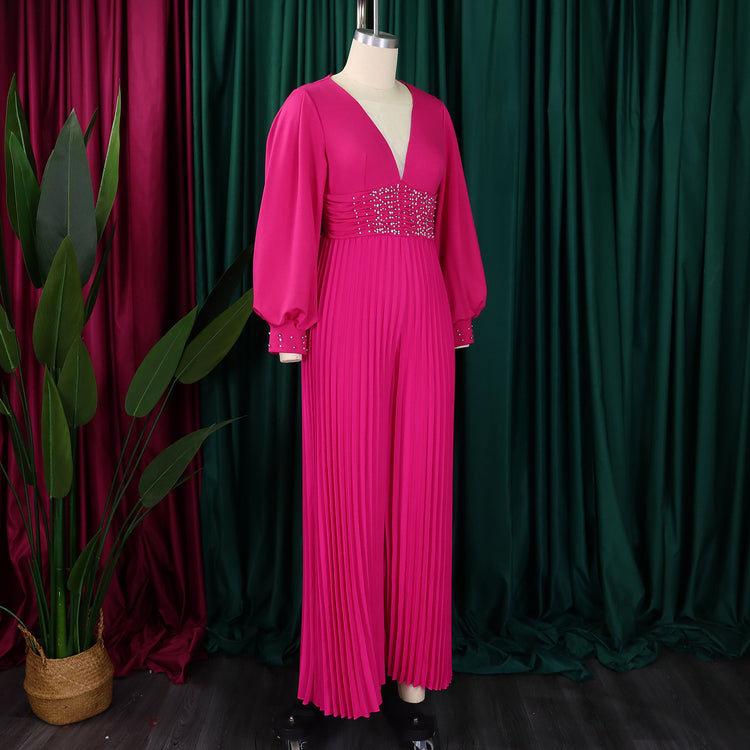 CM.YAYA Women Diamonds Long Sleeve Pleated V-neck Wide Leg Long Jumpsuits Party Beach Fashion Street Sexy Africa Outfit Rompers