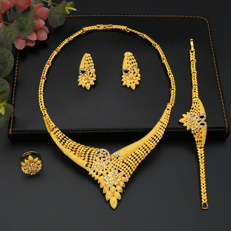 24K Gold Dubai Explosions Bride Four-piece Flower Rhinestone Jewelry Alloy Necklace Bracelet Earrings Ring