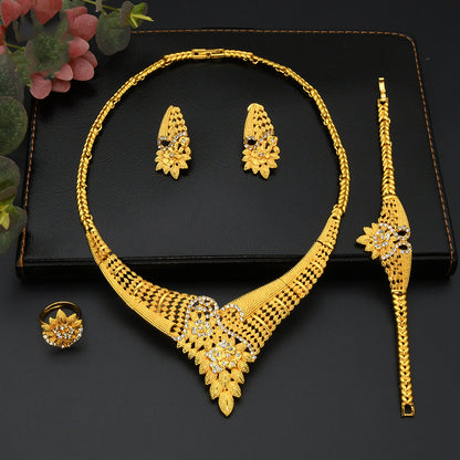 24K Gold Dubai Explosions Bride Four-piece Flower Rhinestone Jewelry Alloy Necklace Bracelet Earrings Ring
