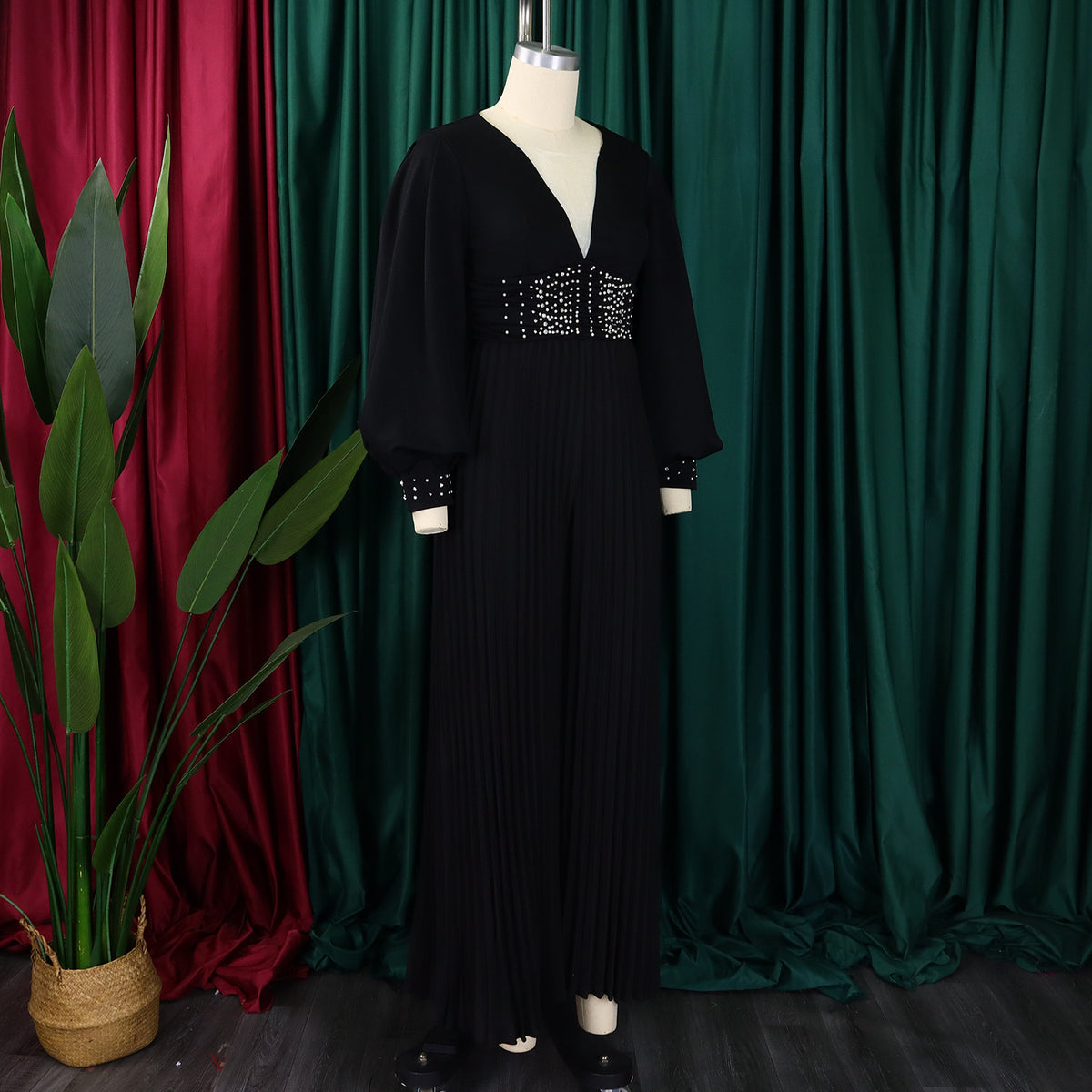 CM.YAYA Women Diamonds Long Sleeve Pleated V-neck Wide Leg Long Jumpsuits Party Beach Fashion Street Sexy Africa Outfit Rompers