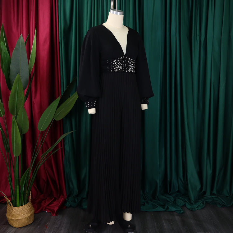 CM.YAYA Women Diamonds Long Sleeve Pleated V-neck Wide Leg Long Jumpsuits Party Beach Fashion Street Sexy Africa Outfit Rompers