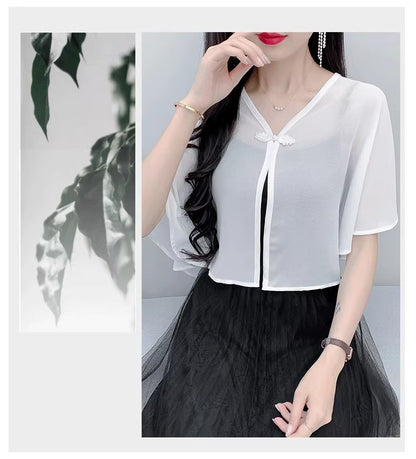 Thin Small Shawl Summer Dress with Sling Skirt Air-conditioning Shirt Women's Cardigan Outer Chiffon Ethnic Style Silver Buckle Small Coat