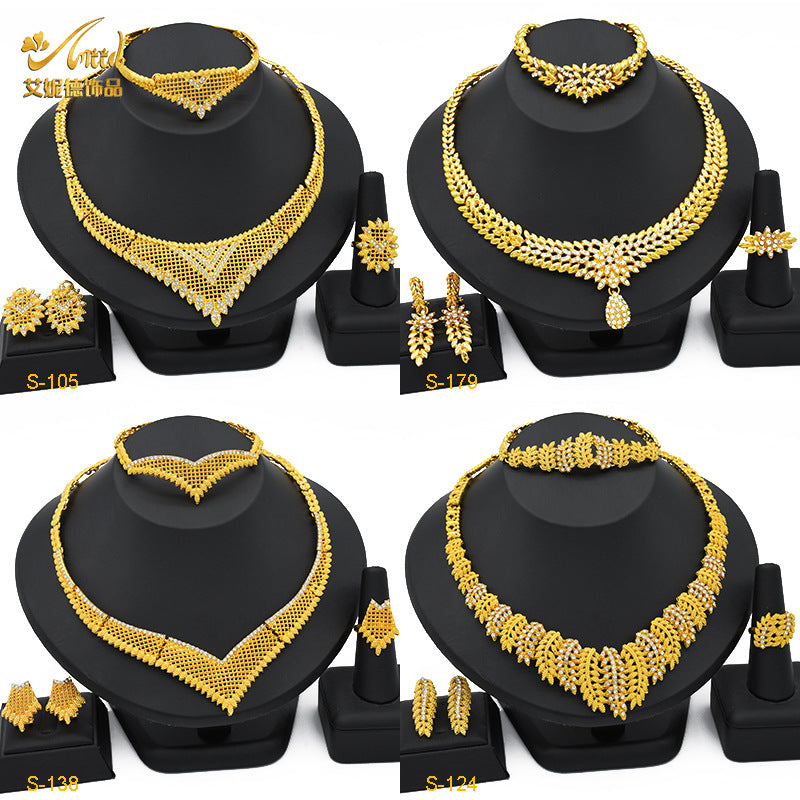 2025 Summer Dubai 24K Gold Bridal Jewelry Set Necklace Earrings Bracelet Ring Middle East Africa Jewelry