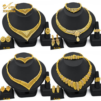 2025 Summer Dubai 24K Gold Bridal Jewelry Set Necklace Earrings Bracelet Ring Middle East Africa Jewelry
