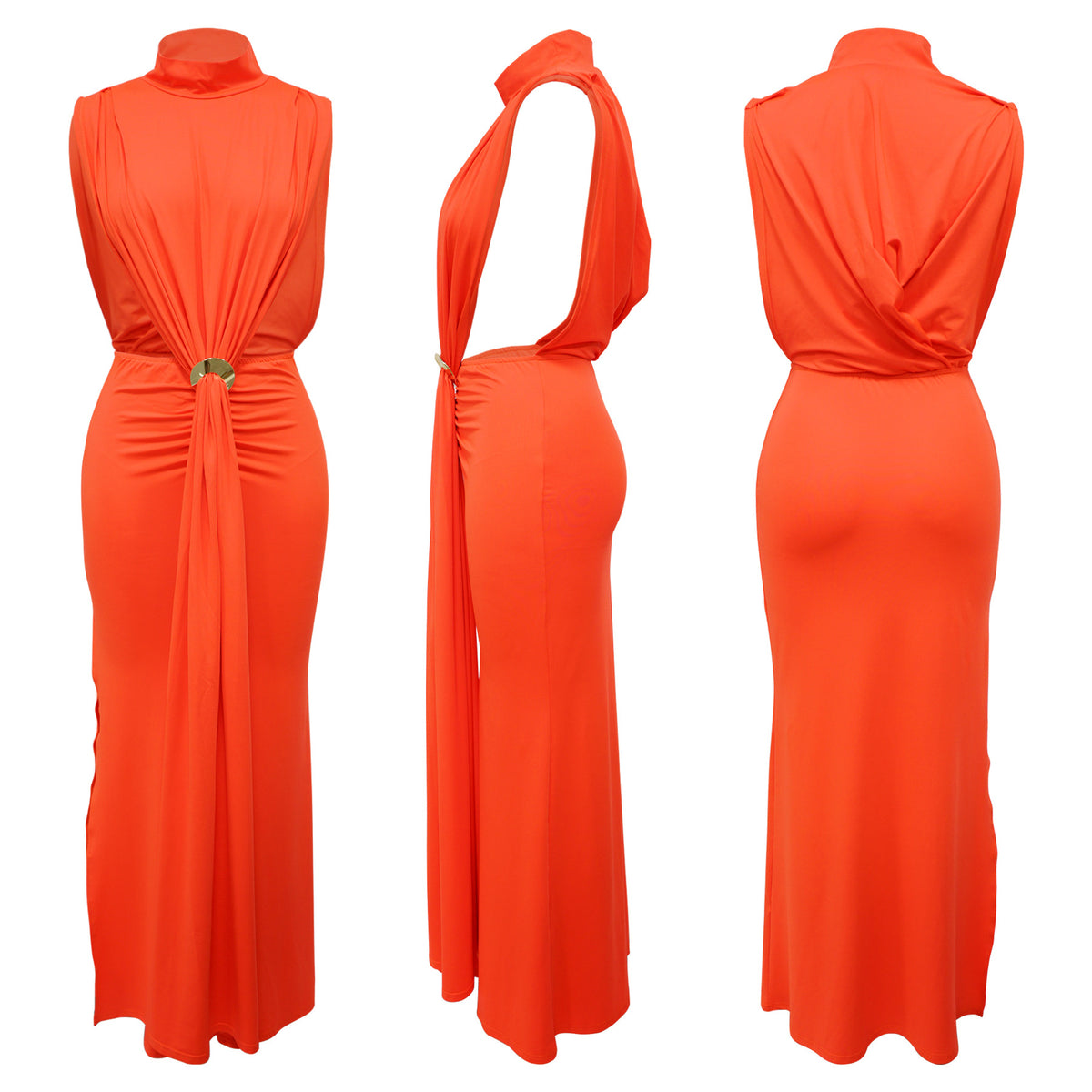 CM.YAYA Women O-neck High Split Ruched Stacked Bodycon Midi Maxi Dress 2024 Evening Party Club Vestidos Sexy Chic Long Dresses