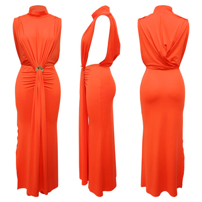 CM.YAYA Women O-neck High Split Ruched Stacked Bodycon Midi Maxi Dress 2024 Evening Party Club Vestidos Sexy Chic Long Dresses