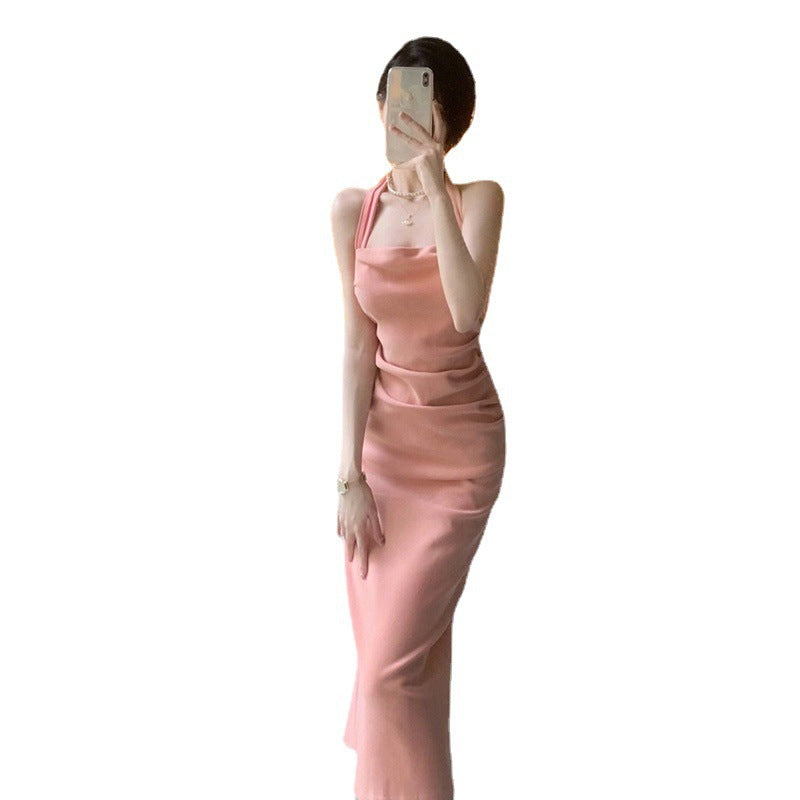 Pure Pink Neck Sling dress Women's Summer Texture French Waist Hip Mid-length Skirt Elegant