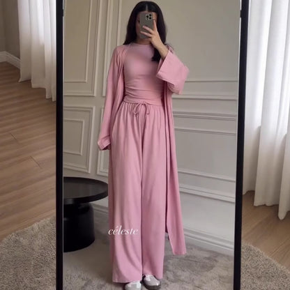 Women Cardigan Vest Wide Leg Pants 3 Piece Sets Top Long Coat Trousers Suit Office Lady Ensemble Spring Summer 2026 Outfits