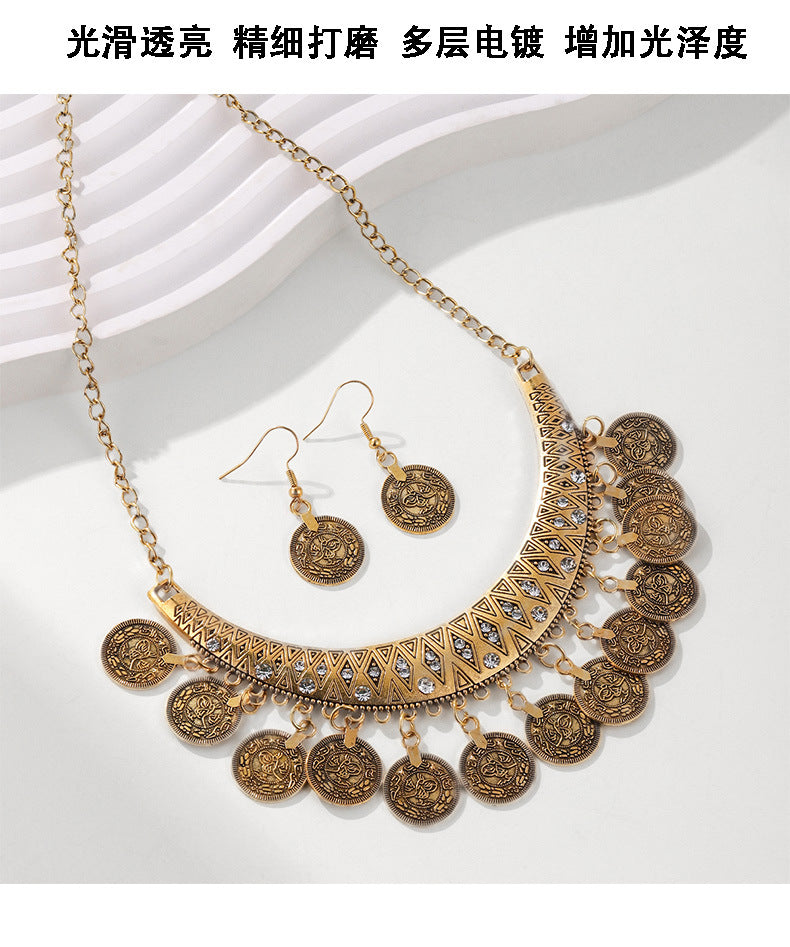European and American Retro Fashion Golden Roman Coin Tassel Necklace Bohemian Ethnic Style Clavicle Chain Jewelry suit