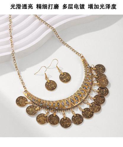 European and American Retro Fashion Golden Roman Coin Tassel Necklace Bohemian Ethnic Style Clavicle Chain Jewelry suit