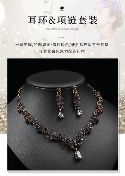 European and American Foreign Trade Jewelry Retro Jewelry Set Gemstone Necklace Clavicle Chain Cross-Border Female Leaf Water Drop Spot Straight Hair