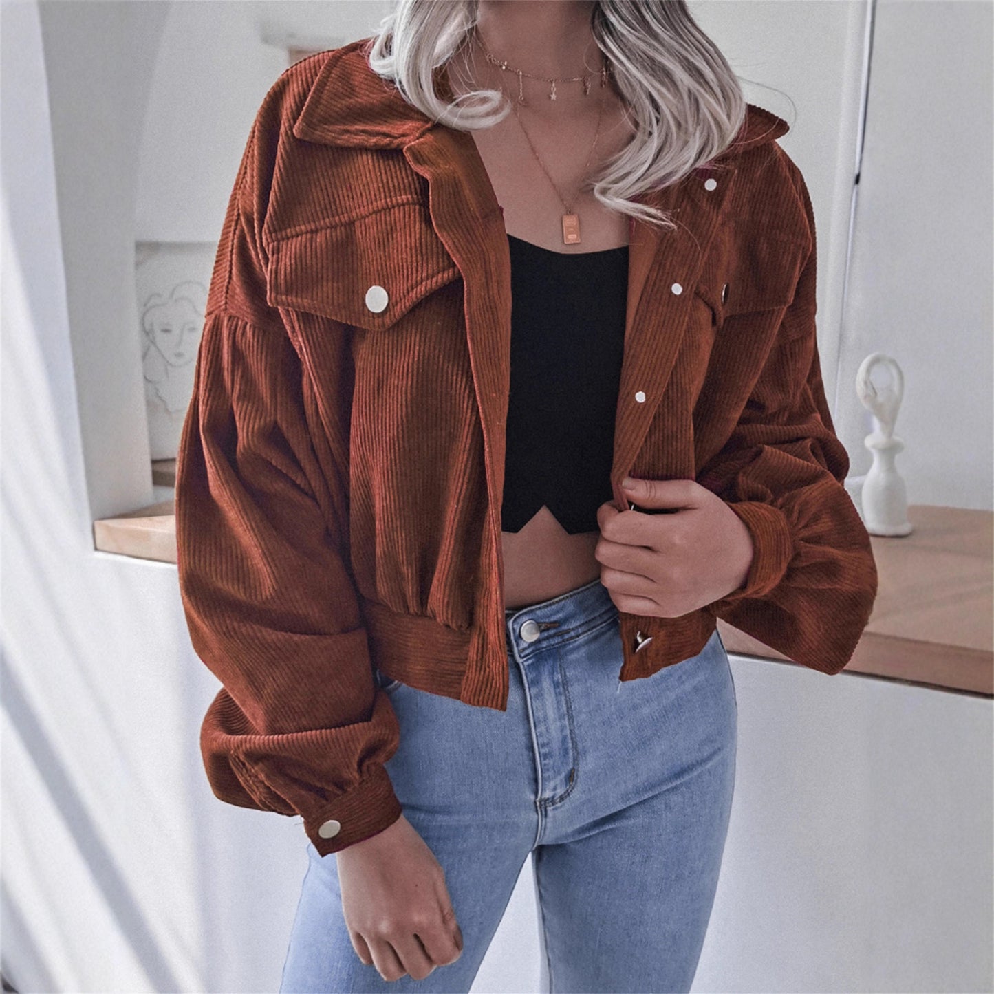 Ins Style Autumn and Winter European and American Lantern Long-Sleeved Corduroy Casual Short Outwear Jacket Amazon Hot Cross-Border Women's Clothing