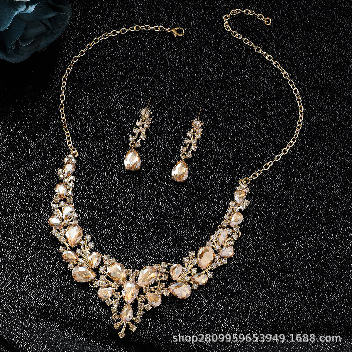 Cross-Border Amazon Jewelry Set Bridal Crystal Accessories Necklace Earrings Two-Piece Set Wedding Dress Women's