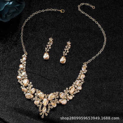 Cross-Border Amazon Jewelry Set Bridal Crystal Accessories Necklace Earrings Two-Piece Set Wedding Dress Women's