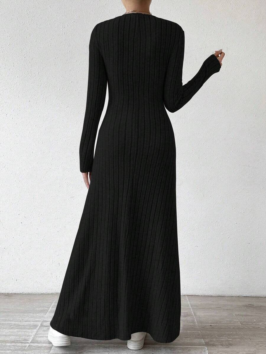 European and American Cross-Border Amazon Dress Slim Fashion Women's Knitted Pure Color Long-Sleeved A-Line Street Long Skirt for Women