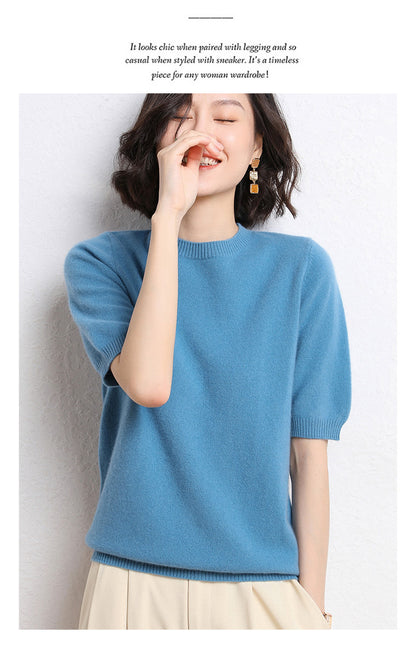 2025 Spring and Summer New Style Knitted Short-Sleeved Women's Round Neck Bottoming Knitted Pullover Half-Sleeved Sweater Loose Bottoming Sweater