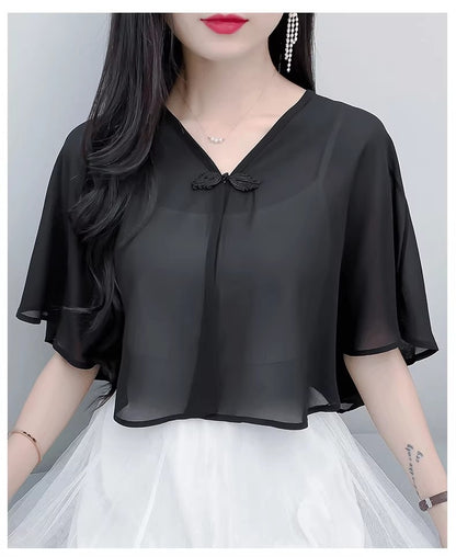 Thin Small Shawl Summer Dress with Sling Skirt Air-conditioning Shirt Women's Cardigan Outer Chiffon Ethnic Style Silver Buckle Small Coat