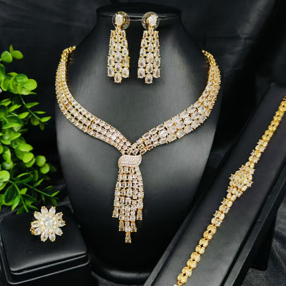 Brilliant Diamond-Filled Bridal Wedding Attire, Wedding Jewelry Set with Zircon Tassels, Jewelry Necklace, Earrings, Ring, Four-Piece Set