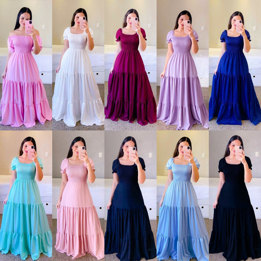2025 Cross-Border New Spring and Summer European and American Clothing Dress One-Shoulder Floral Off-Shoulder Long Color Fairy Skirt