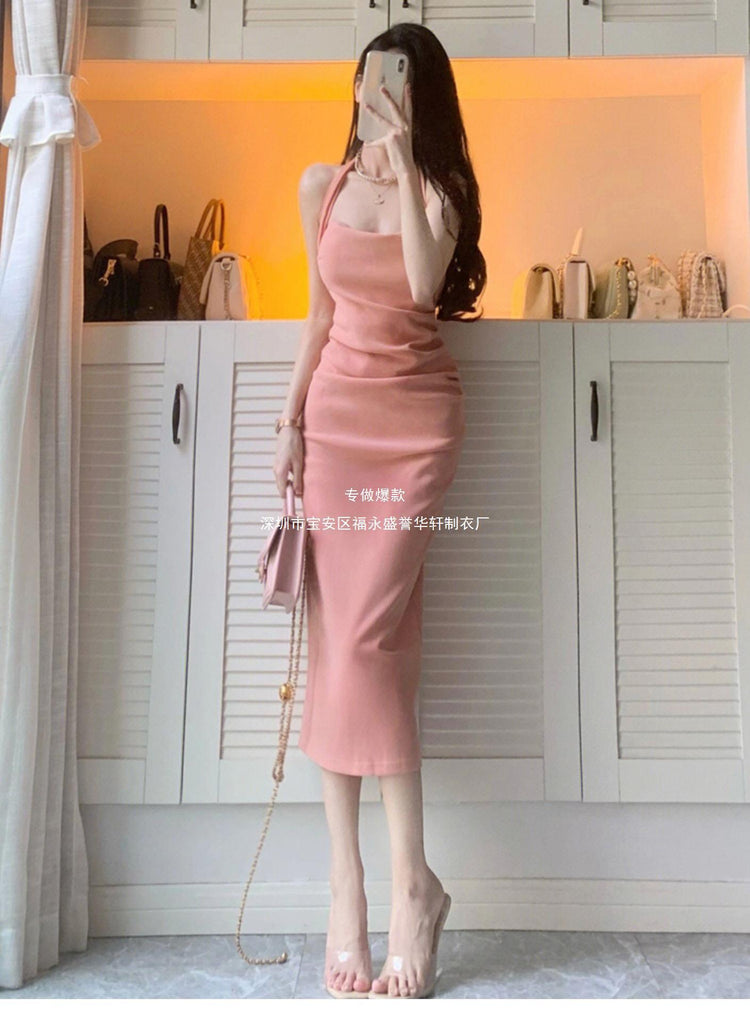 Pure Pink Neck Sling dress Women's Summer Texture French Waist Hip Mid-length Skirt Elegant