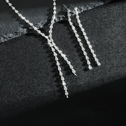 Fashion Popular Jewelry Exquisite Sparkling Rhinestone Tassel Long Necklace Earrings Set Bridal Party Jewelry