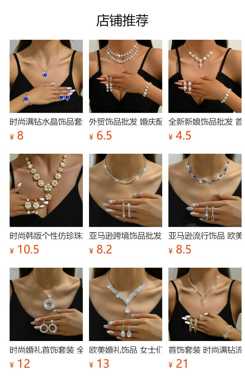 Amazon Cross-Border Jewelry Wedding Photography Women's Necklace Accessories Silver Earrings Necklace Bridal Jewelry Set