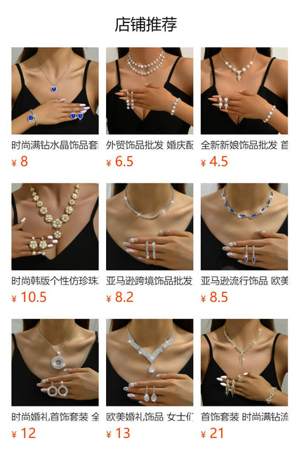 Amazon Cross-Border Jewelry Wedding Photography Women's Necklace Accessories Silver Earrings Necklace Bridal Jewelry Set