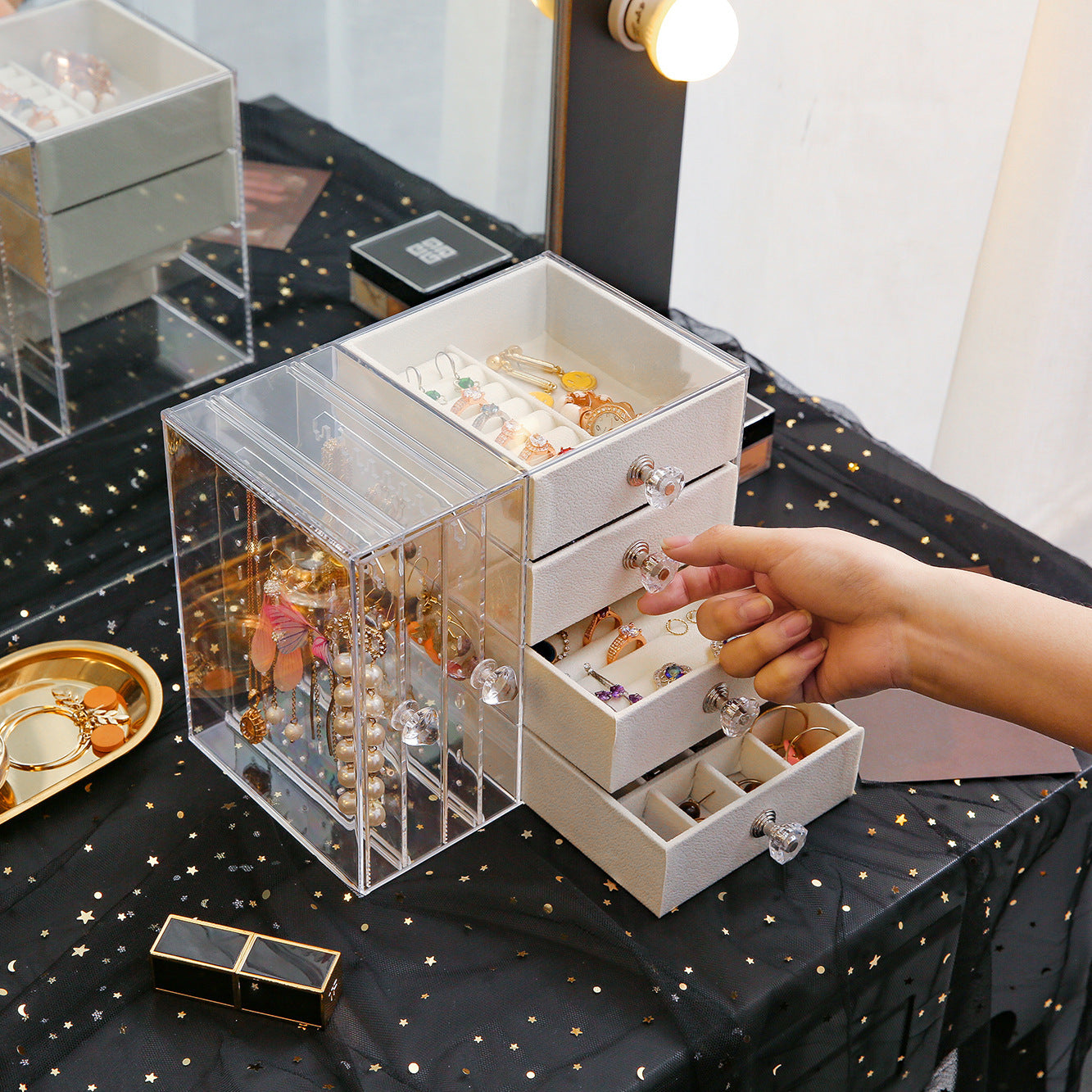 Multi-Layer Jewelry Rack Drawer Transparent Earring Box Storage Jewelry Box Dressing Table Dustproof Earring Organizer