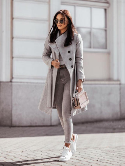 2026 Autumn/Winter European and American New Cross-Border Women's Clothing Amazon Woolen Coat Solid Color Tie-Up Mid-Length Woolen Jacket