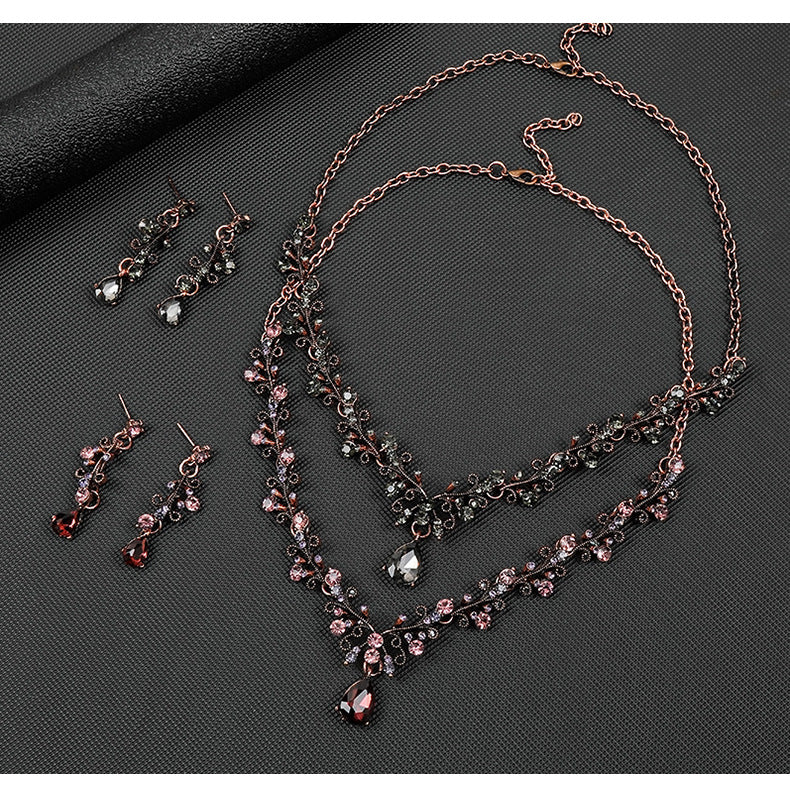 European and American Foreign Trade Jewelry Retro Jewelry Set Gemstone Necklace Clavicle Chain Cross-Border Female Leaf Water Drop Spot Straight Hair