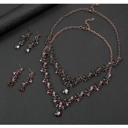 European and American Foreign Trade Jewelry Retro Jewelry Set Gemstone Necklace Clavicle Chain Cross-Border Female Leaf Water Drop Spot Straight Hair